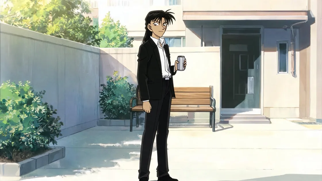 The same young man in a dark jacket, standing in a sunlit courtyard, drawn as 1990s Traditional Cel Anime.