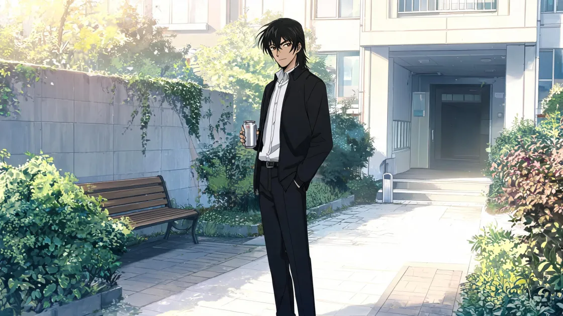 The same young man in a dark jacket, standing in a sunlit courtyard, drawn as Contemporary Television Anime.