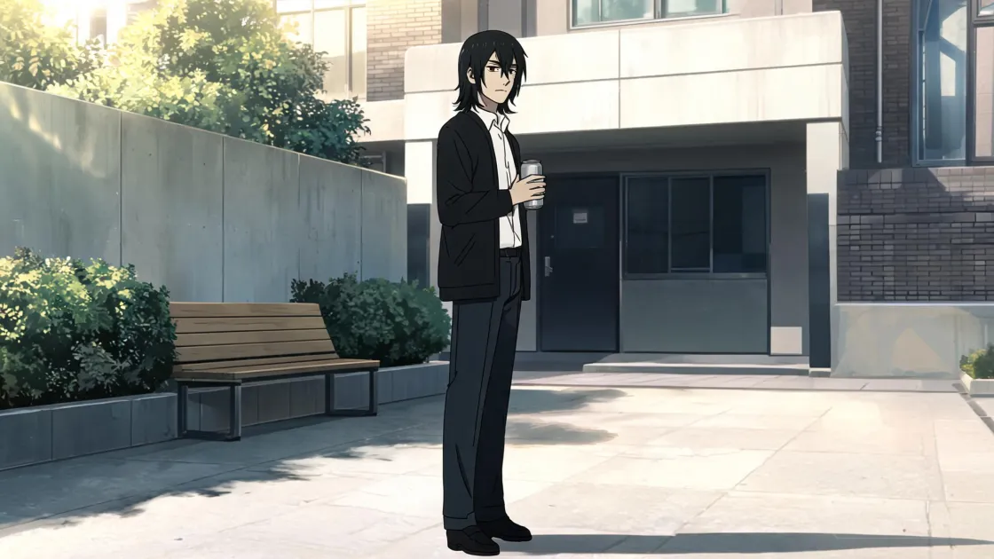 The same young man in a dark jacket, standing in a sunlit courtyard, drawn as Realistic Seinen Anime.