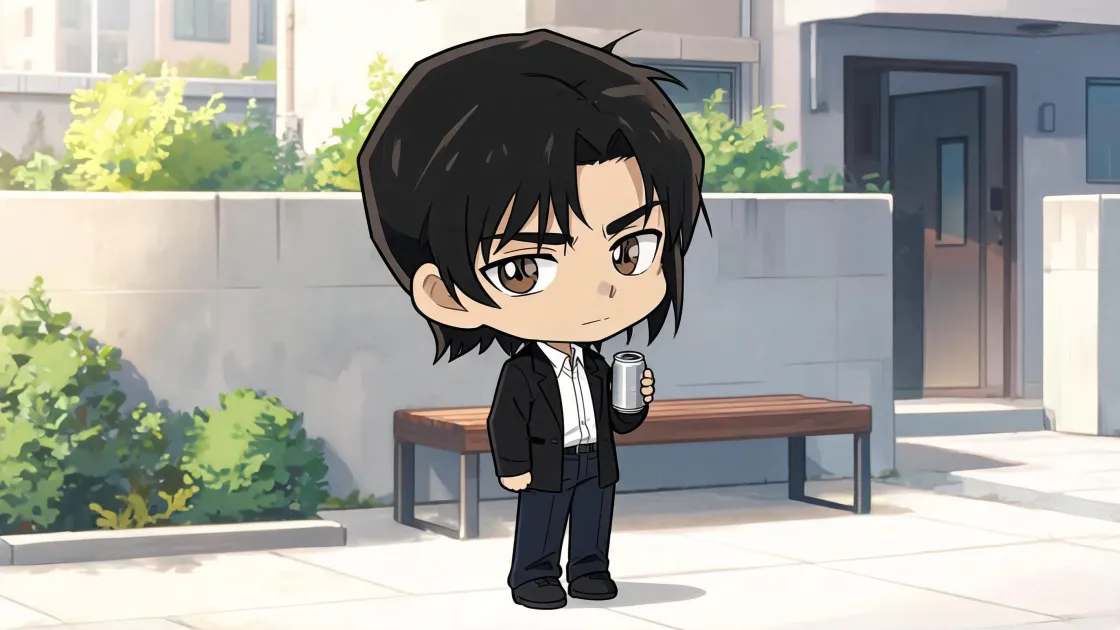 The same young man in a dark jacket, standing in a sunlit courtyard, drawn as Chibi / Super-Deformed Anime.