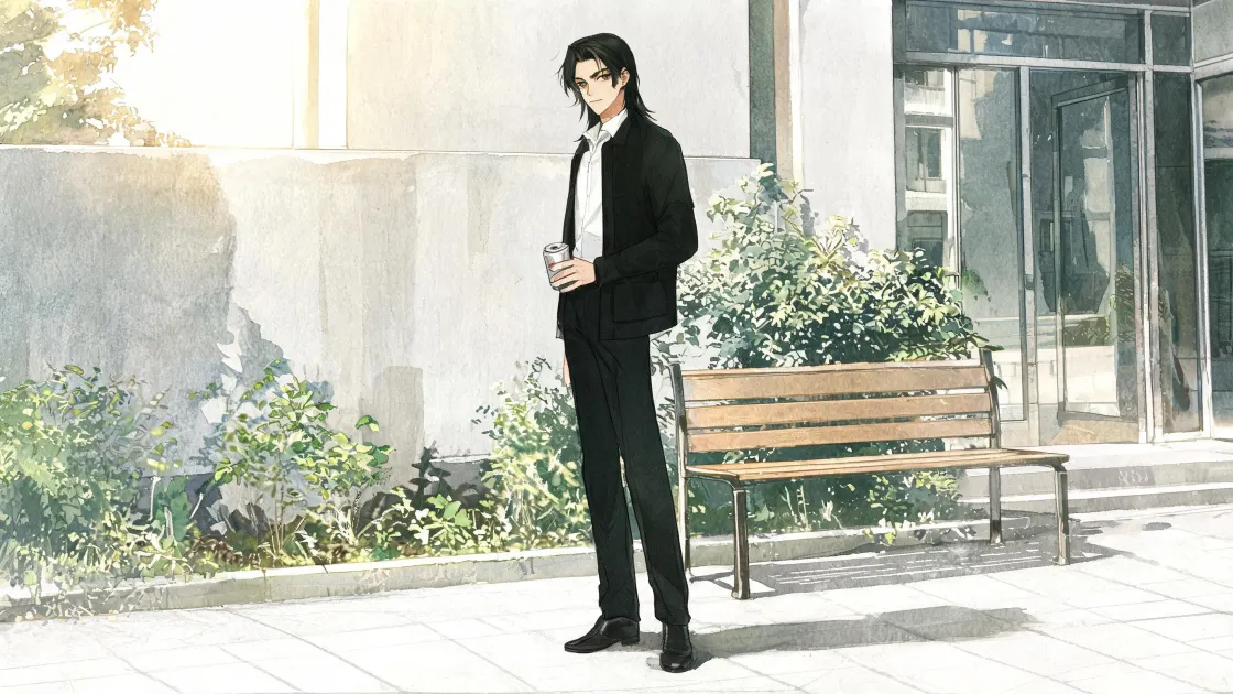 The same young man in a dark jacket, standing in a sunlit courtyard, drawn as Traditional Watercolour Anime.