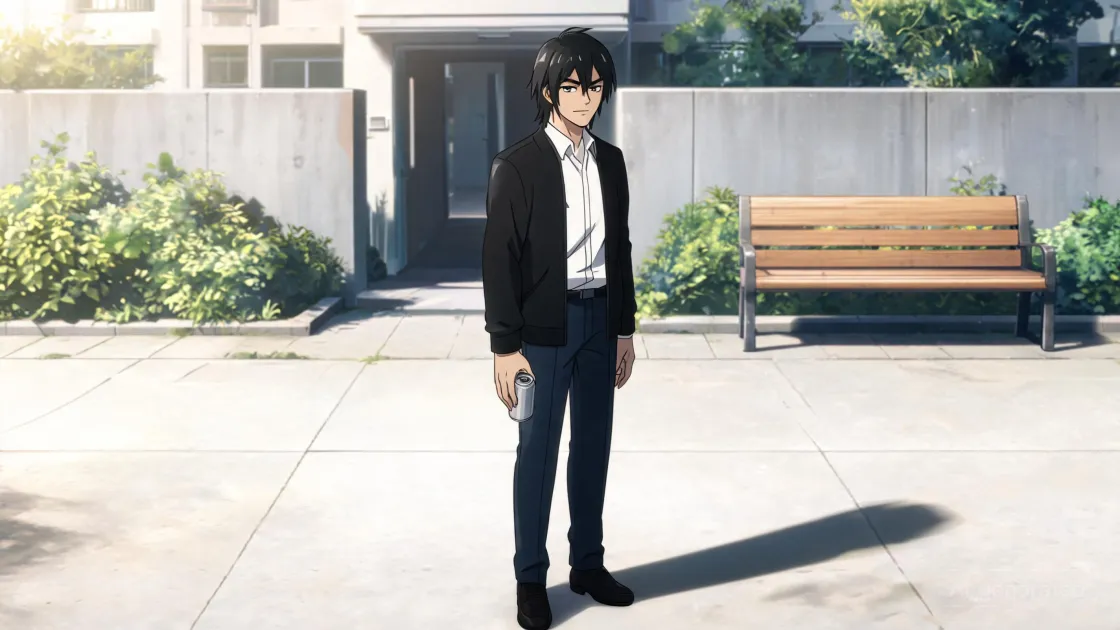 The same young man in a dark jacket, standing in a sunlit courtyard, drawn as 3D Cel-Shaded Anime.